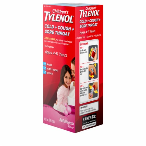 Tylenol® Children’s Bubblegum Flavor Cold + Cough + Sore Throat Medicine Perspective: right