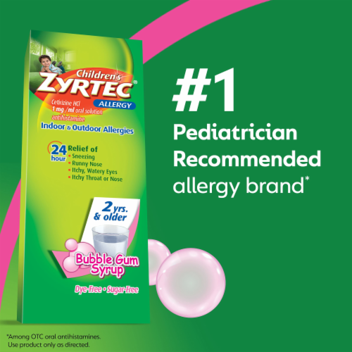 Children's Zyrtec Dye-Free Sugar-Free Bubble Gum Allergy Syrup Perspective: right