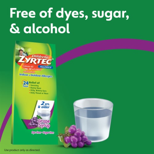 Children's Zyrtec Dye-Free Sugar-Free Grape Allergy Syrup Perspective: right