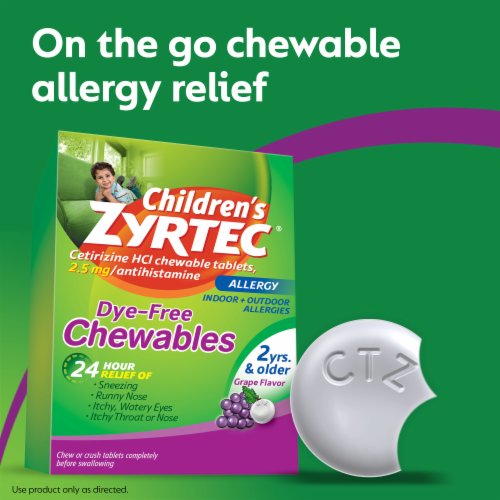 Children's Zyrtec 24hr Allergy Relief Dye-Free Chewable Tablets Cetirizine HCl 2.5 mg Grape Flavor Perspective: right