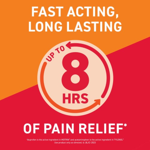 Motrin Dual Action with Tylenol Fast-Acting Dual Action Pain Reliever with Ibuprofen & Acetaminophen Perspective: right