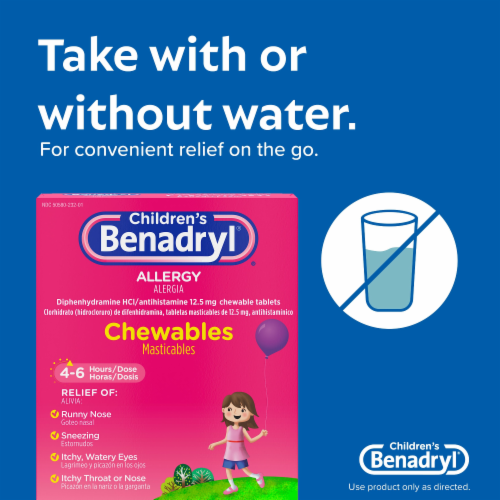 Children's Benadryl Allergy & Cold Relief Chewable Tablets Diphenhydramine HCl Grape Flavor Perspective: right