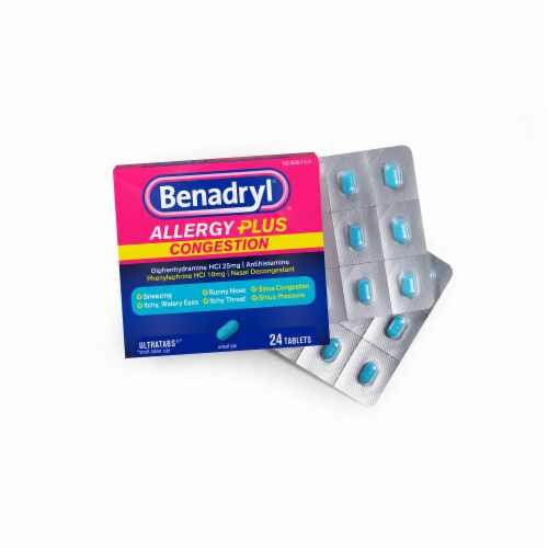 Benadryl Allergy & Sinus Congestion Relief Tablets Diphenhydramine HCl & Phenylephrine HCl Perspective: right
