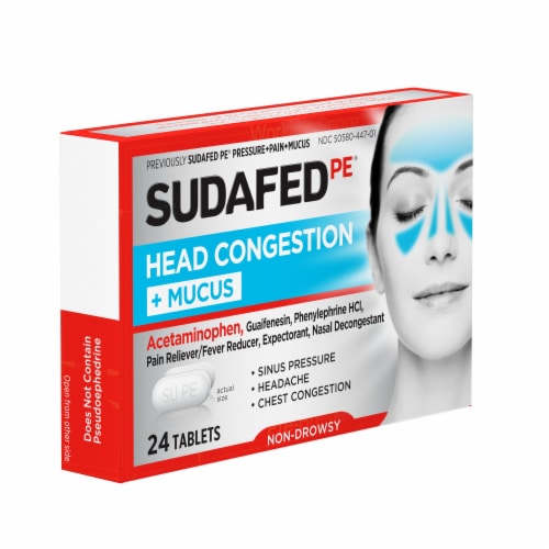 Sudafed PE Head Congestion + Mucus Relief Tablets Acetaminophen, Guaifenesin, Phenylephrine HCl Perspective: right