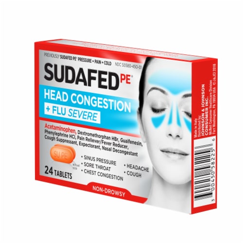 Sudafed PE Head Congestion + Flu Severe Acetaminophen Phenylephrine and Guaifenesin Caplets Perspective: right