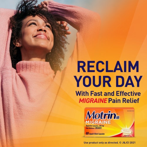 Motrin IB Migraine Relief Liquid Gel Caps, IBuprofen 200 Mg Perspective: right