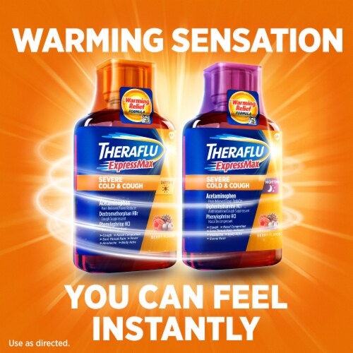 Theraflu ExpressMax Severe Cold Cough Nighttime Daytime Acetaminophen Medicine Berry Flavor Perspective: right