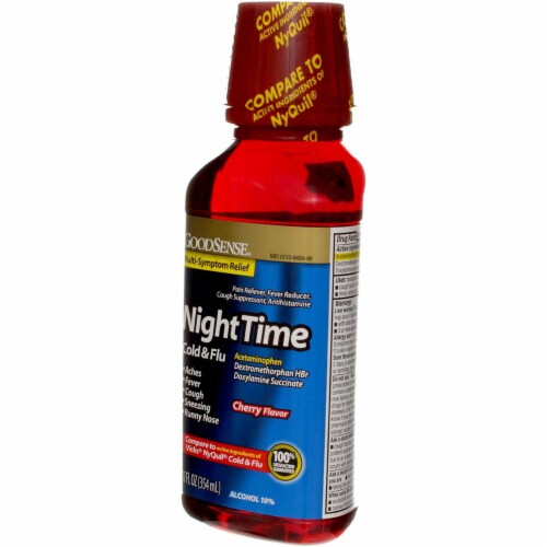 GoodSense Acetaminophen Nighttime Cold & Flu Relief Liquid, Cherry, 12 fl oz Perspective: right