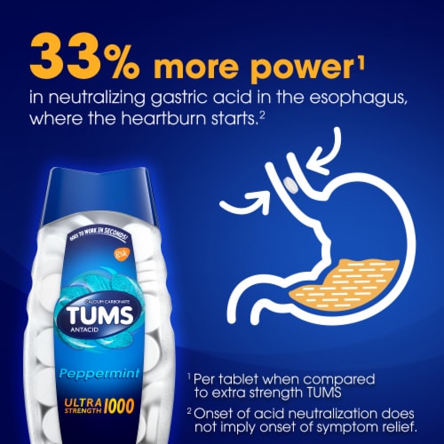 TUMS Chewable Ultra Strength Heartburn Relief Peppermint Antacid Tablets Perspective: right
