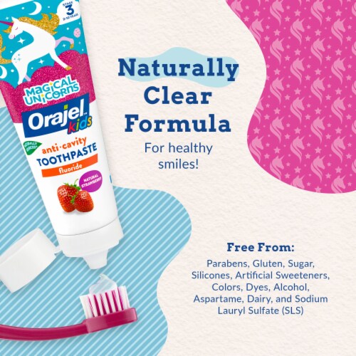 Orajel Kids Unicorn Anticavity Fluoride Toothpaste Natural Very Berry Strawberry Flavor Perspective: right