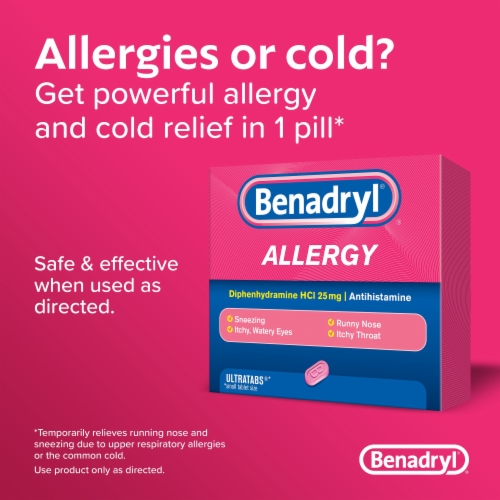 Benadryl Ultratabs Allergy & Cold Relief Tablets Diphenhydramine HCl Perspective: right