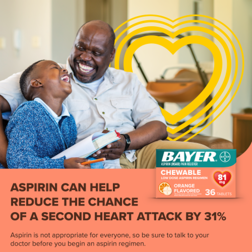 Bayer Chewable Aspirin Regimen Low Dose Pain Reliever Orange Tablets Perspective: right