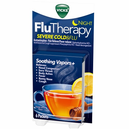 Vicks Night FluTherapy Severe Cold & Flu Honey Lemon Flavor Hot Drink Packets Perspective: right