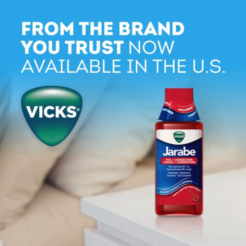 Vicks Jarabe Cough + Congestion Cherry Cold Medicine Perspective: right