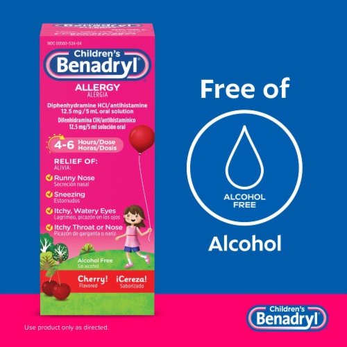 Children's Benadryl Allergy & Cold Relief Liquid Diphenhydramine HCl Cherry Flavor Perspective: right