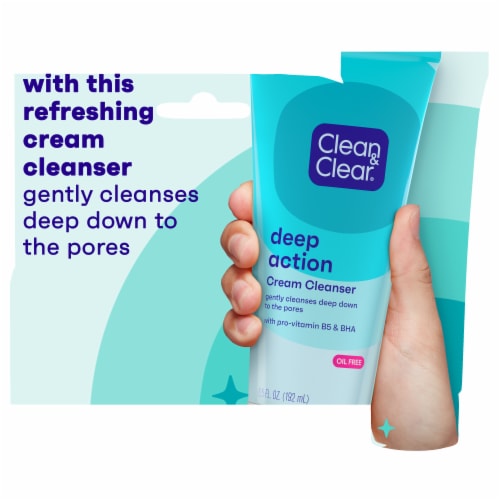 Clean & Clear Oil-Free Deep Action Cream Face Wash Cooling Face Cleanser with Pro-Vitamin B5 & BHA Perspective: right