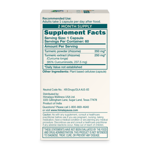 Himalaya® Turmeric Herbal 95™ with Curcumin Herbal Supplement Capsules Perspective: right
