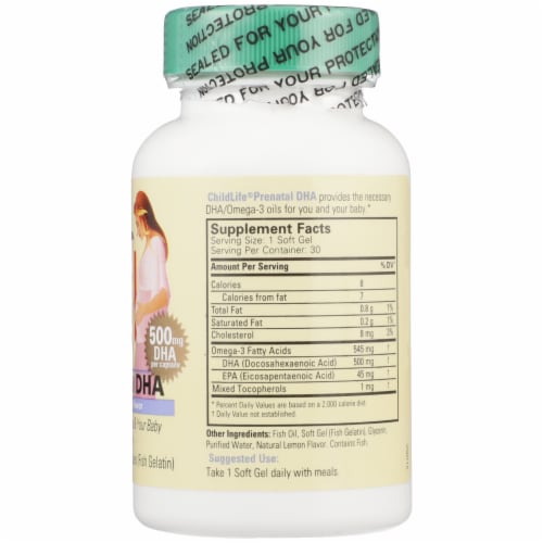 Child Life Natural Lemon Flavor Prenatal DHA Gelcaps 30 Count 600 mg Perspective: right