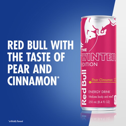 Red Bull Winter Edition Pear Cinnamon Energy Drink Cans Perspective: right