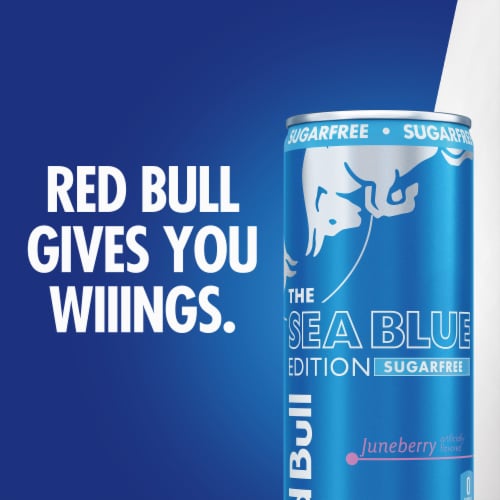 Red Bull Sea Blue Edition Sugar Free Energy Drink Juneberry Cans Perspective: right