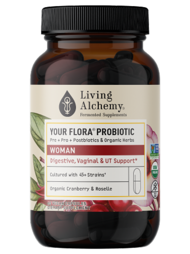 Living Alchemy Your Flora Probiotic Women Digestive Vaginal & UT Support Supplement Perspective: right