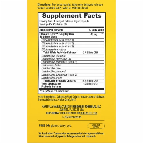Renew Life Ultimate Flora Probiotic 15 Billion CFU 30 Delayed Release Vegan Capsules Perspective: right