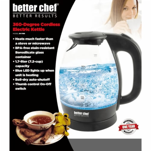 Better Chef 7-Cup Cordless Borosilicate Glass Electric Kettle With Led Light Black Perspective: right