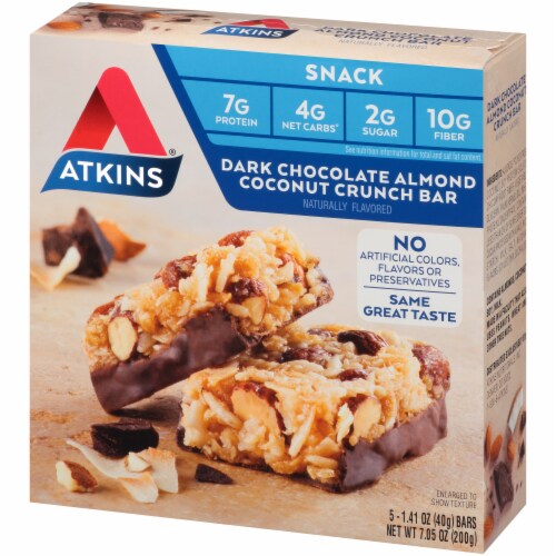 Atkins Dark Chocolate Almond Coconut Crunch Bars 5 Count Perspective: right