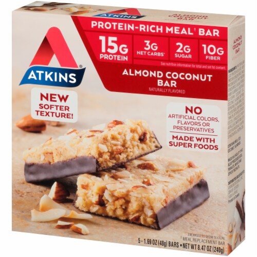 Atkins Protein-Rich Almond Coconut Meal Bars 5 Count Perspective: right
