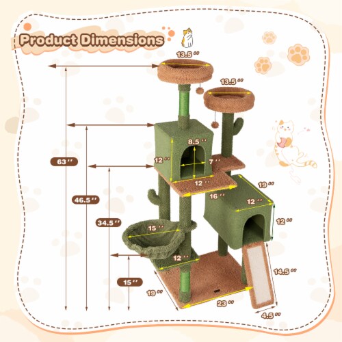 Slickblue Multi-level Cactus Cat Tree with Scratching Posts Ladder Double Condos and Toys Bed Perspective: right