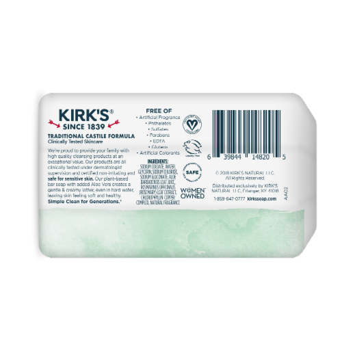 Kirk's® Soothing Aloe Vera Gentle Castile Bar Soap Bars Perspective: right