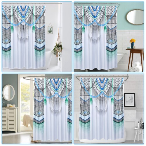 Boho Farmhouse Fabric Shower Curtain 72x72 Inch with Metal Grommet Hooks, white Perspective: right