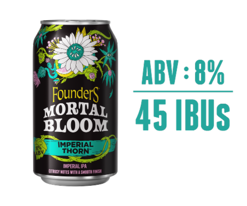 Founders Brewing® Mortal Bloom® Imperial Thorn™ IPA Craft Beer Cans Perspective: right
