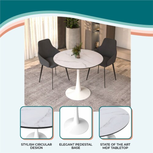 Leisuremod Bristol 31 Round Dining Table White Base with White Marbled Wood Top Perspective: right
