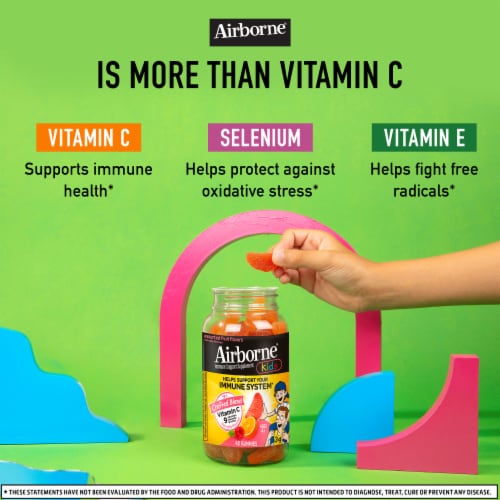 Airborne Kids Vitamin C E Zinc and Immune Supplement Assorted Fruit Gummies Perspective: right