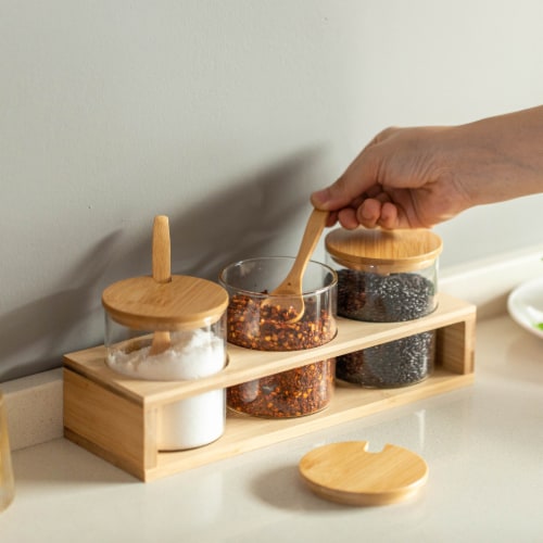 Basicwise 3-Piece Glass Containers with Bamboo Lids and Tray Holder Perspective: right