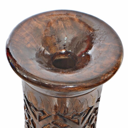 Antique Hand Curved Brown Mango Wood Floor Flower Vase Trumpet Design with Textured Pattern Perspective: right