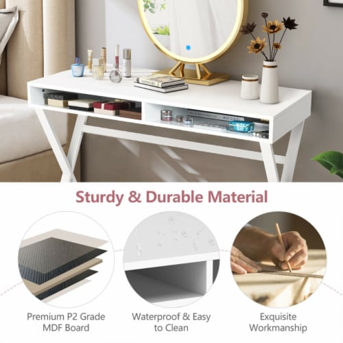 Vanity Table Set Writing Desk Makeup Table w/Round Storage Ottoman Pink Perspective: right