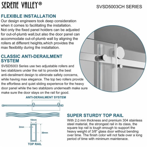 Serene Valley 60 x 74 Inch Square Rail Frameless Sliding Shower Door, Chrome Perspective: right