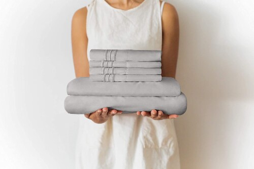 CGK Linens 6 Piece Microfiber Solid Sheet Set - Full - Light Grey Perspective: right