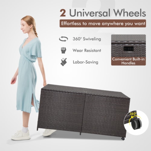 Gymax Patio 175 Gallon Rattan Wicker Storage Deck Box Container Wheels