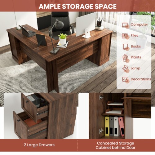 66.5'' L Shaped Home Office Desk Corner Computer Desk Drawer Keyboard Tray Walnut Perspective: right