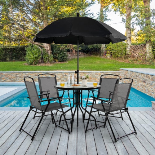 Glass table patio set with umbrella online