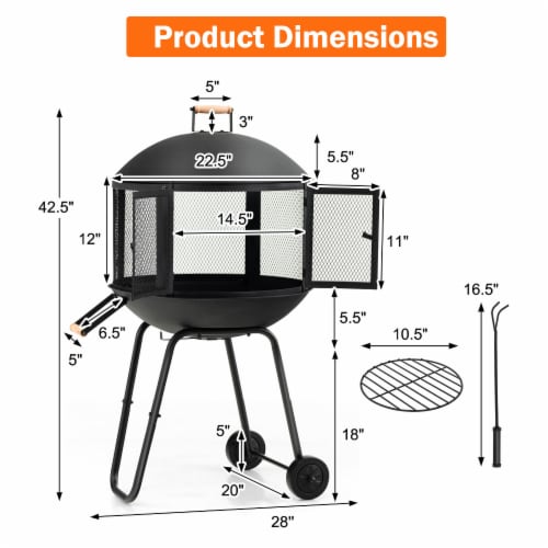 Slickblue 28 Inch Portable Fire Pit on Wheels with Log Grate-Black Perspective: right