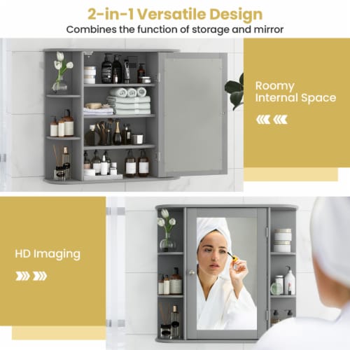 Wall Mounted Medicine Storage Cabinet Bathroom Organizer Cupboard W/Mirror Gray Perspective: right