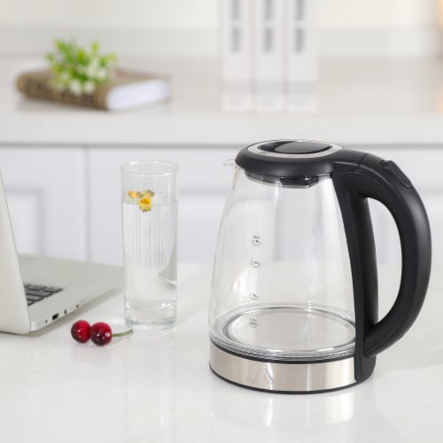 US Plug Electric Kettle -2.2 Liter Water Pot 1500 Watt Coffee And Tea Pot  Borosilicate Glass Easy To Clean, Wide Opening, Automatic Closing, With Blue