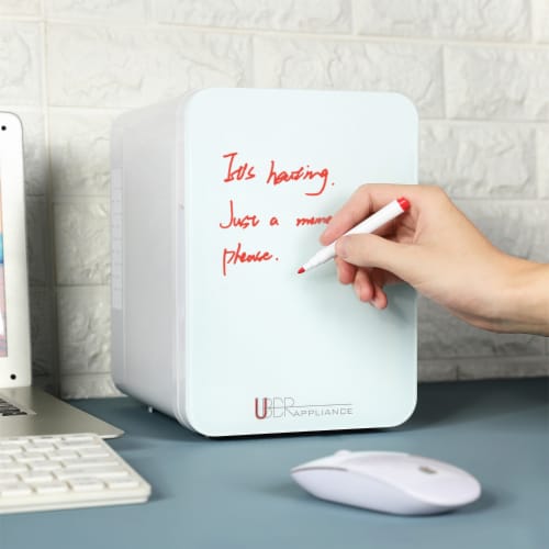 Uber Appliance Mini Fridge 4L personal and portable mini fridge with dry erase door Perspective: right