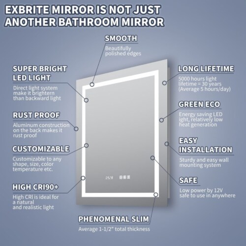 ExBrite 40  W x 24  H Bathroom Led Light Mirror Anti Fog with Digital Clock Lighted Vanity Perspective: right
