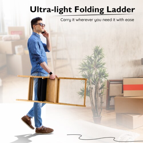 3 Step Ladder Foldable Bamboo Step Stool 330Lbs Capacity with Tool Storage Bag Perspective: right