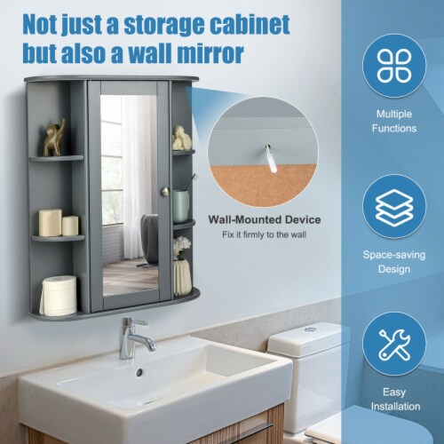 Bathroom Cabinet Single Door Shelves Wall Mount Cabinet W/ Mirror Grey Perspective: right
